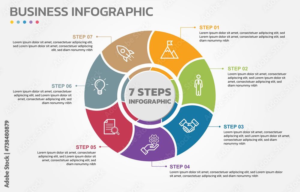 Aufkleber Visual data presentation. Cycle diagram with 7 options. Pie Chart Circle infographic template with 7 steps, options, parts, segments. Business concept. Editable pie chart with sectors.