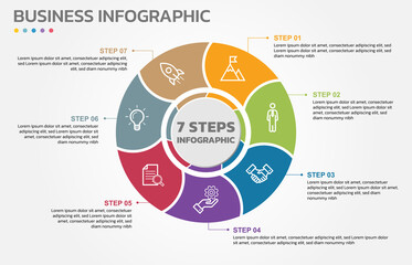 Visual data presentation. Cycle diagram with 7 options. Pie Chart Circle infographic template with 7 steps, options, parts, segments. Business concept. Editable pie chart with sectors.
