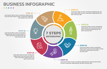 Visual data presentation. Cycle diagram with 7 options. Pie Chart Circle infographic template with 7 steps, options, parts, segments. Business concept. Editable pie chart with sectors.