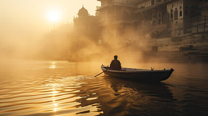 Photography of the boat with sun light and misty at Ganga river, Varanasi