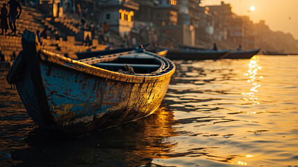 Photography of the boat with sun light and misty at Ganga river, Varanasi