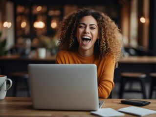 Excited woman winning online, getting new approved job opportunity