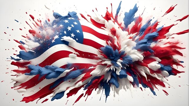 Labor Day dust explosion background in red, white, and blue colors. American flag colors splashed, smoke dust, patriotic abstract design on white background for Independence Day and Memorial Day