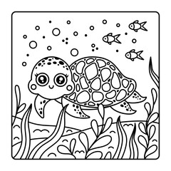 Turtle coloring book. Cute underwater animal swims and smiles. Friendly ocean reptile with shell. Funny character on the seabed among fish, seaweed, bubbles. Black and white clipart for children, kids