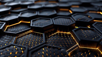 Black and yellow stone pattern with 3D cube design and metallic texture backdrop