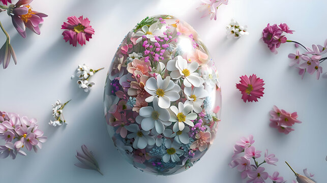 A stunning Easter egg, with its glossy finish reflecting the beauty of the surrounding spring blooms, all arranged in a circular formation.