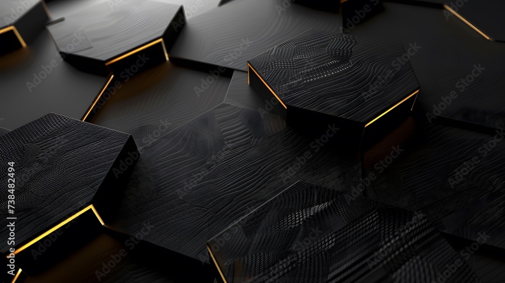 Poster black and yellow stone pattern with 3d cube design and metallic texture backdrop