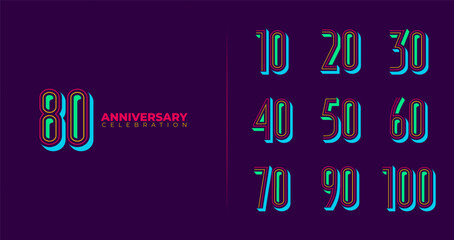 Set of anniversary number logo. Birthday symbol with colorful shape and glow concept for celebration event © Andrian