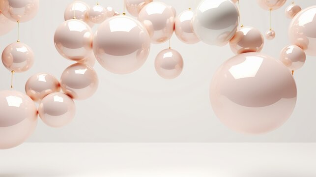 Abstract 3D of pink and white shiny balls hanging on a white wall.