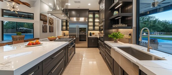 Fototapeta premium Spacious kitchen with a large white countertop, separate spice wok area, dark grey service section with wine fridge, glass cabinet shelves, and farmhouse sink.