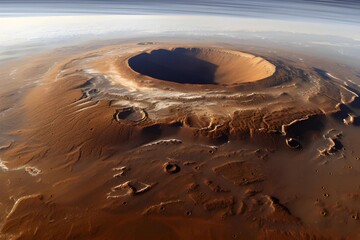 Stock image of a panoramic view from the top of Mars' Olympus Mons, the tallest volcano in the solar system, revealing the vast Martian landscape. - obrazy, fototapety, plakaty