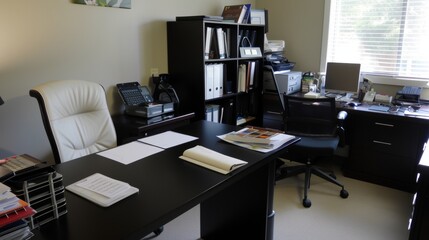 Contemporary Workstation with Black Desk, White Office Chair, and File Holder AI Generated.