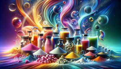 Vibrant Food Additives: Hyper-realistic close-up showcasing the beauty and versatility of flavor-enhancing substances.
