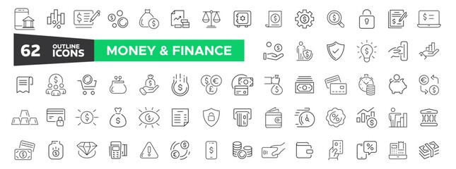 Fototapeta na wymiar Money Thin Line Icon Set. Finance icon set. Money signs. Vector business and finance line icon. Bank, check, law, auction, coins, exchange, payment, wallet, deposit, piggy.