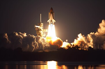 Breathtaking Scene of a Space Shuttle Launching against the Night Sky - obrazy, fototapety, plakaty