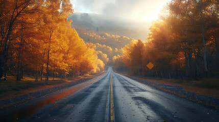 a photo in the middle of a highway without vehicles with beautiful trees on the side of the road, impressive sunlight hues
