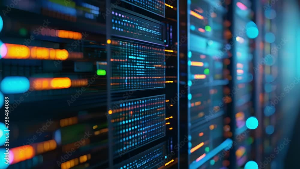Poster a closeup of a data center server rack with glowing lights indicating the ai systems at work process