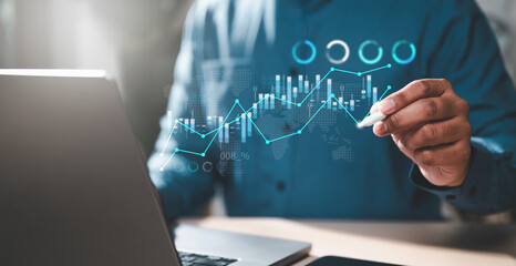 chart, graph, finance, stock, analysis, financial, digital, growth, investment, investor. use pen to measuring level bar chart via indicator and pie chart virtual, risk management control and strategy