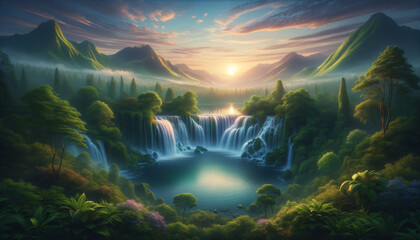Tranquil waterfall in untouched natural landscape with majestic mountains and pastel sky.