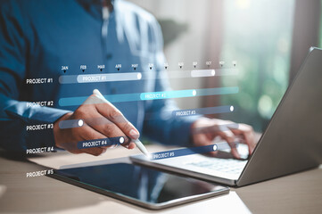 schedule, screen, software, chart, management, progress, project, update, business, manager. project manager working and update tasks with milestones progress planning and gantt chart scheduling.
