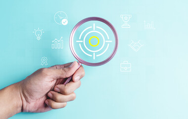 aim, marketing, success, target, career, challenge, competition, development, goal, performance. magnifier focus to target icon which for planning development leadership and customer target concept.