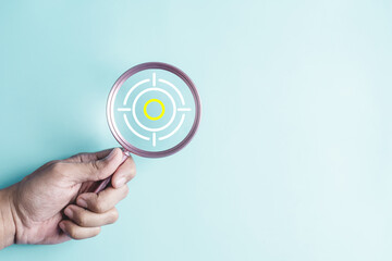 aim, marketing, success, target, career, challenge, competition, development, goal, performance. magnifier focus to target icon which for planning development leadership and customer target concept.