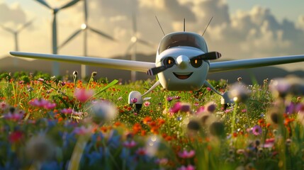 Airplane has big eyes, smiles, and flies near ground with flowers. A happy airplane flies near the ground, over a field of flowers. - obrazy, fototapety, plakaty