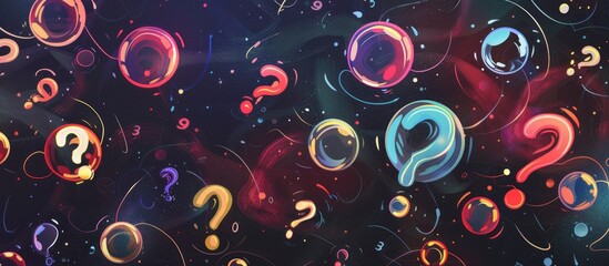 Many questions in bubbles, surrounded by question marks. - obrazy, fototapety, plakaty
