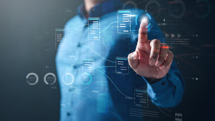 dashboard, database, management, system, technology, information, network, analysis, graph, cloud computing. exposure of professional businessman system analysis design and drawing database table.