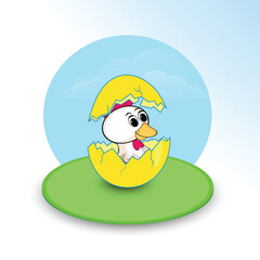 Happy Easter Greeting Card Design with Newborn Chicken Coming Out of Egg Illustration.