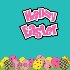 Sticker Style Happy Easter Typography Text with Colorful Painted Egg on Turquoise Background.