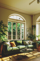 Home interior mock-up with green sofa, table and decor in living room