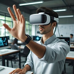 Side view portrait of man wearing virtual reality headset extending his hand while testing augmented technology in school lab, copy space - obrazy, fototapety, plakaty