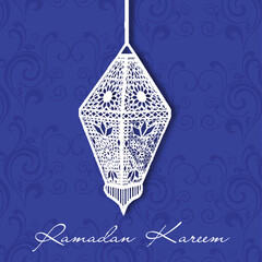Beautiful Floral Moroccan Paper Lanterns Hanging on Violet Background for Islamic Festival of Ramadan Kareem. Greeting Card Design.