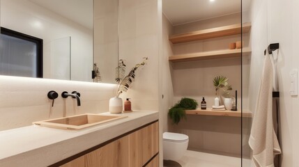 Clean and Modern Bathroom with Floating Shelves and Wall-Mounted Toilet