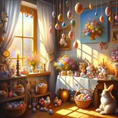 Happy Easter. Easter background. Easter eggs and flowers.