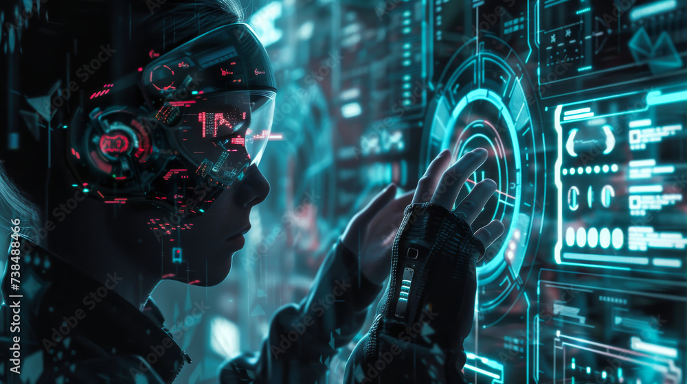 Poster a cyborg, android or augmented human operationg a hologram interface