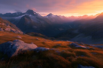 the sun is setting over a mountain range