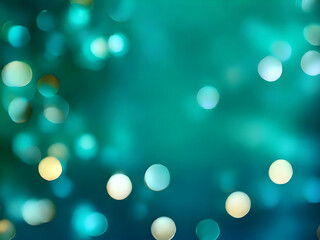 Abstract blur bokeh banner background. Gold bokeh on defocused emerald blue background. Generative Ai
