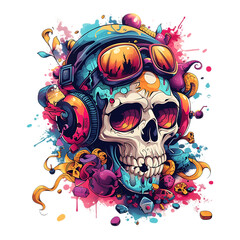 colorful Skull with headphones. human skull paint style, Vector illustration on transparent background png