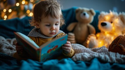 Magical journey of Gen Alpha child with picture book, cozy blanket and stuffed animals - obrazy, fototapety, plakaty