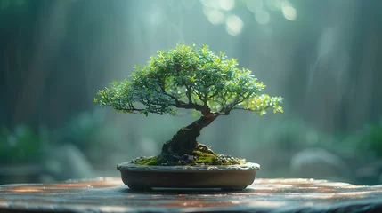 Deurstickers bonsai tree on a wooden table, close up photo, evenly lit, calm atmosphere, minimalist © growth.ai