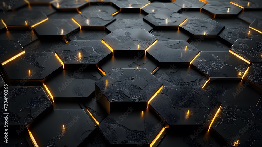 Poster black and yellow stone pattern with 3d cube design and metallic texture backdrop
