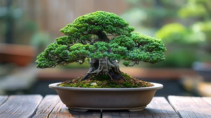 Foto op Plexiglas bonsai tree on a wooden table, close up photo, evenly lit, calm atmosphere, minimalist © growth.ai