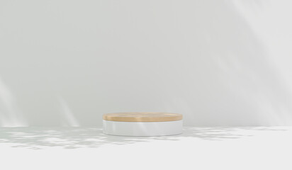 3d render pedestal copy space presentation. white podium luxury summer architecture interior aesthetic. abstract white studio background with leaves natural shadows for product presentation.