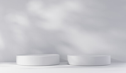 Backdrop presentation and branding products display scene sunlight. postcard. 3d render exhibition podium, stand, background studio with leaves shadow on the wall. empty room with shadows of window.