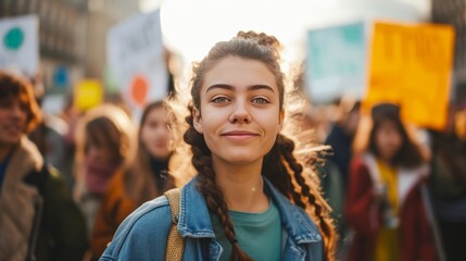 Obraz premium Colorful banners and slogans for climate change protest, Gen Z activist and crowd in city square