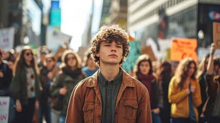 a Gen Z activist leading a climate change protest in a bustling city square