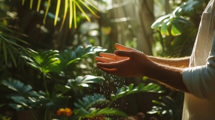 Man with lotion on hands and birds in sunny exotic plant conservatory.