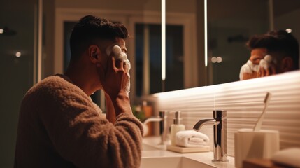 Foaming face wash and vanity lights in modern bathroom with man.
